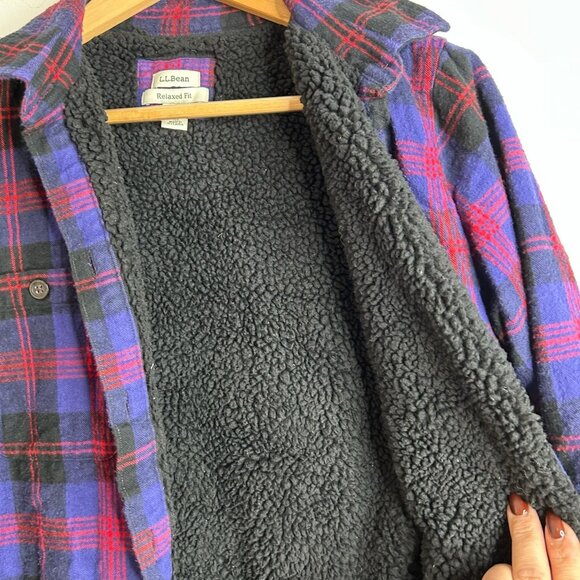 L.L.Bean Jacket Womens Small Purple Black Plaid Sherpa Lined Flannel Relaxed Fit - Picture 7 of 13